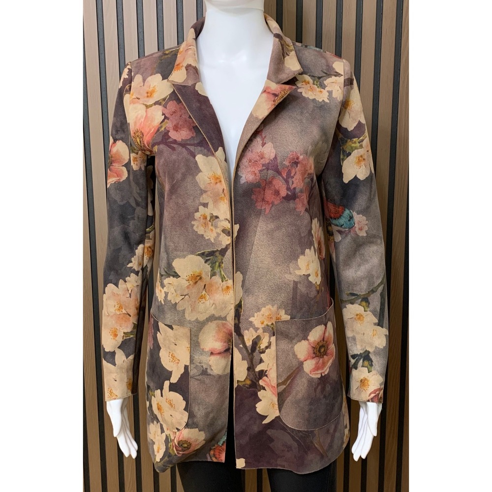 Soft Surroundings Floral Butterfly Faux Suede Blazer Jacket XS Brown Multi